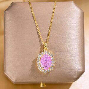 18k Gold Plated Stainless Steel Cosmic Sparkle Pink Oval Pendent, Zircon